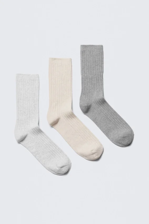 Pack de 3 calcetines acanalados – Blanco/Beige/Gris Pack de 3 calcetines acanalados – Blanco/Beige/Gris