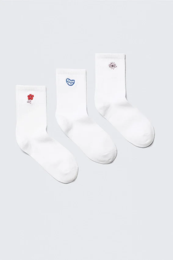 Pack de 3 calcetines cortos bordados – Blanco – Mezcla bordada Pack de 3 calcetines cortos bordados – Blanco – Mezcla bordada