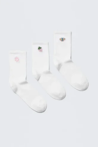 Pack de 3 calcetines cortos bordados – Blanco – Mezcla bordada Pack de 3 calcetines cortos bordados – Blanco – Mezcla bordada