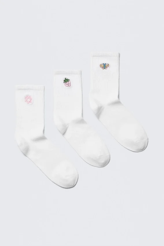 Pack de 3 calcetines cortos bordados – Blanco – Mezcla bordada Pack de 3 calcetines cortos bordados – Blanco – Mezcla bordada