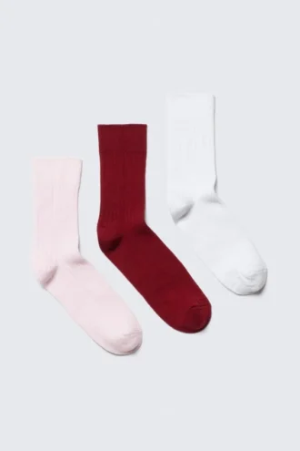 Pack de 3 calcetines de caña ancha acanalados – Rosa/Rojo/Blanco