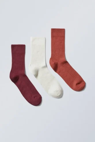 Pack de 3 calcetines de caña media acanalados – Óxido/Vino/Avena