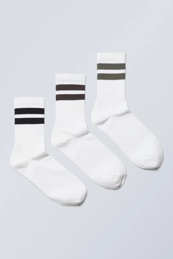 Pack de 3 calcetines deportivos a rayas – Blanco – Negro/Marrón/Verde Pack de 3 calcetines deportivos a rayas – Blanco – Negro/Marrón/Verde