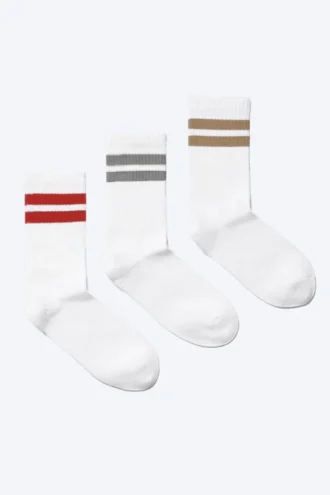 Pack de 3 calcetines deportivos a rayas – Rayas blancas – Rojo/Gris/Marrón