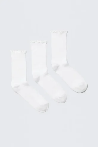 Pack de 3 pares de calcetines con borde de volantes – Blanco
