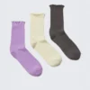 Pack de 3 pares de calcetines con borde de volantes – Lila/Blanco roto/Gris oscuro