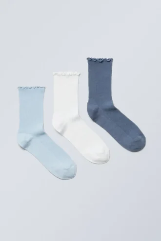 Pack de 3 pares de calcetines con borde de volantes – Mezcla de azules