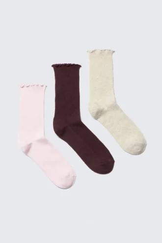 Pack de 3 pares de calcetines con borde de volantes – Rosa/Burdeos/Beige