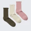 Pack de 3 pares de calcetines con ribete ondulado – Caqui/Blanco roto/Rosa empolvado