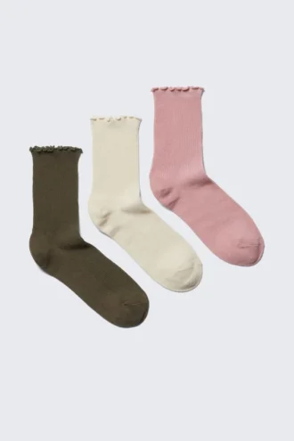 Pack de 3 pares de calcetines con ribete ondulado – Caqui/Blanco roto/Rosa empolvado
