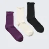 Pack de 3 pares de calcetines con ribete ondulado – Morado oscuro/Blanco roto/Negro