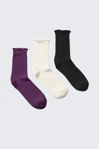 Pack de 3 pares de calcetines con ribete ondulado – Morado oscuro/Blanco roto/Negro