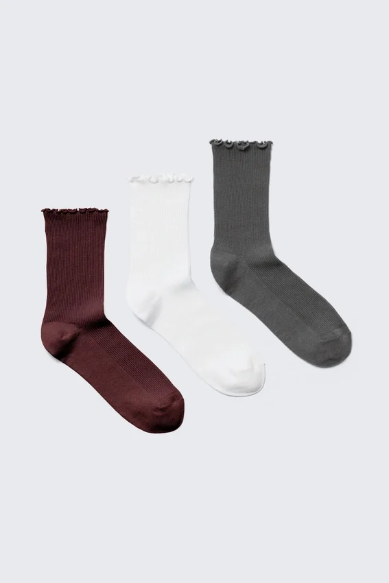 Pack de 3 pares de calcetines con ribete ondulado – Rojo oscuro/Blanco/Gris Pack de 3 pares de calcetines con ribete ondulado – Rojo oscuro/Blanco/Gris