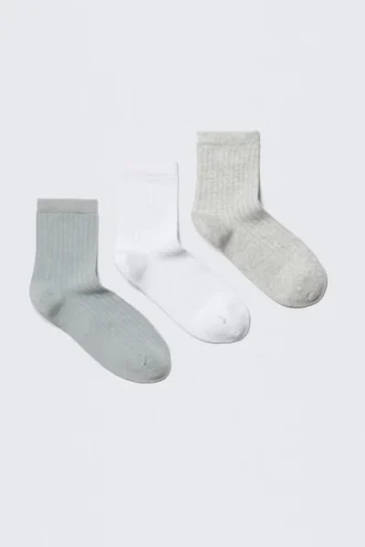 Pack de 3 pares de calcetines cortos acanalados – Azul/Blanco/Gris