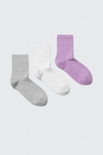 Pack de 3 pares de calcetines cortos Bella – Gris claro/Blanco/Lila