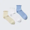 Pack de 3 pares de calcetines cortos con borde de volantes – Amarillo claro/Blanco/Azul claro