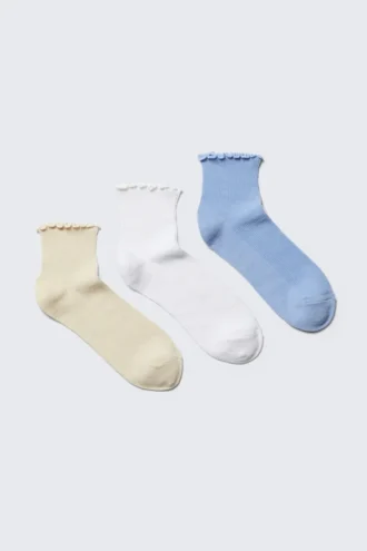 Pack de 3 pares de calcetines cortos con borde de volantes – Amarillo claro/Blanco/Azul claro