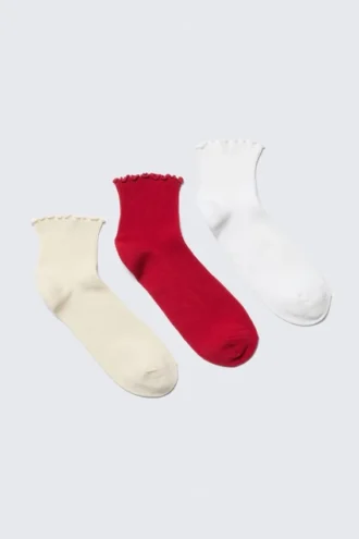 Pack de 3 pares de calcetines cortos con borde de volantes – Beige/Rojo/Blanco