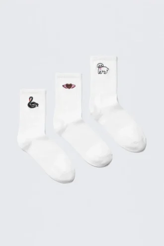 Pack de 3 pares de calcetines cortos – Mezcla bordada en blanco