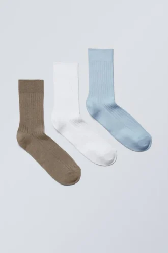 Pack de 3 pares de calcetines de caña media acanalados – Marrón/Blanco/Azul Pack de 3 pares de calcetines de caña media acanalados – Marrón/Blanco/Azul