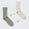 Pack de 3 pares de calcetines de caña media acanalados – Verde/Blanco/Beige