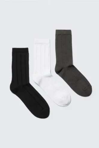 Pack de 3 pares de calcetines de caña media con punto trenzado – Negro/Blanco/Gris
