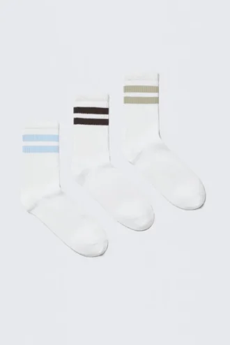 Pack de 3 pares de calcetines deportivos a rayas – Blanco – Azul/Negro/Beige
