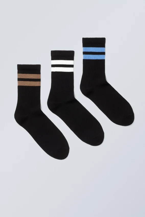 Pack de 3 pares de calcetines deportivos a rayas – Negro – Marrón/Blanco/Azul Pack de 3 pares de calcetines deportivos a rayas – Negro – Marrón/Blanco/Azul