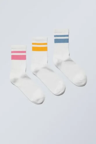 Pack de 3 pares de calcetines deportivos a rayas – Rayas rosa, amarillo y azul