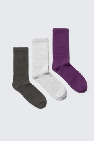 Pack de 3 pares de calcetines deportivos acanalados – Gris oscuro/Gris claro/Violeta