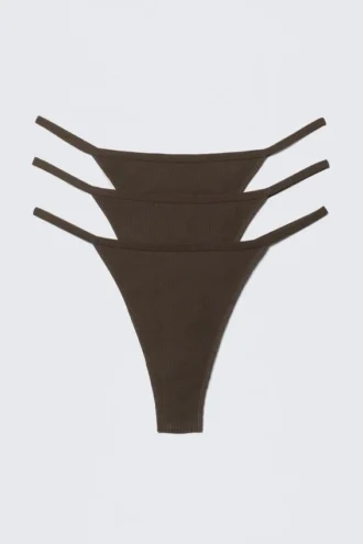 Pack de 3 tangas de algodón acanalado Stella – Marrón oscuro