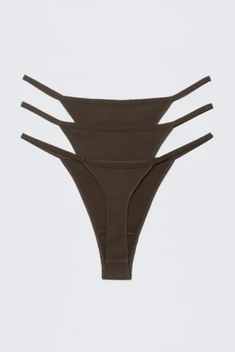Pack de 3 tangas de algodón acanalado Stella – Marrón oscuro