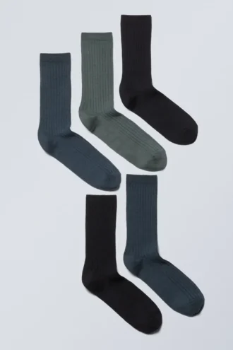 Pack de 5 calcetines acanalados – Gris oscuro, azul y verde