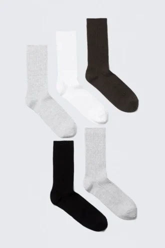 Pack de 5 calcetines acanalados – Negro, blanco y gris