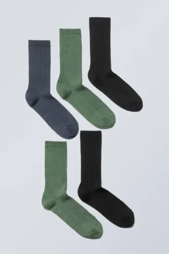 Pack de 5 calcetines acanalados – Verde apagado, azul apagado, negro