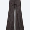 Pantalones acampanados de malla estampada – Marrón oscuro Pantalones acampanados de malla estampada – Marrón oscuro