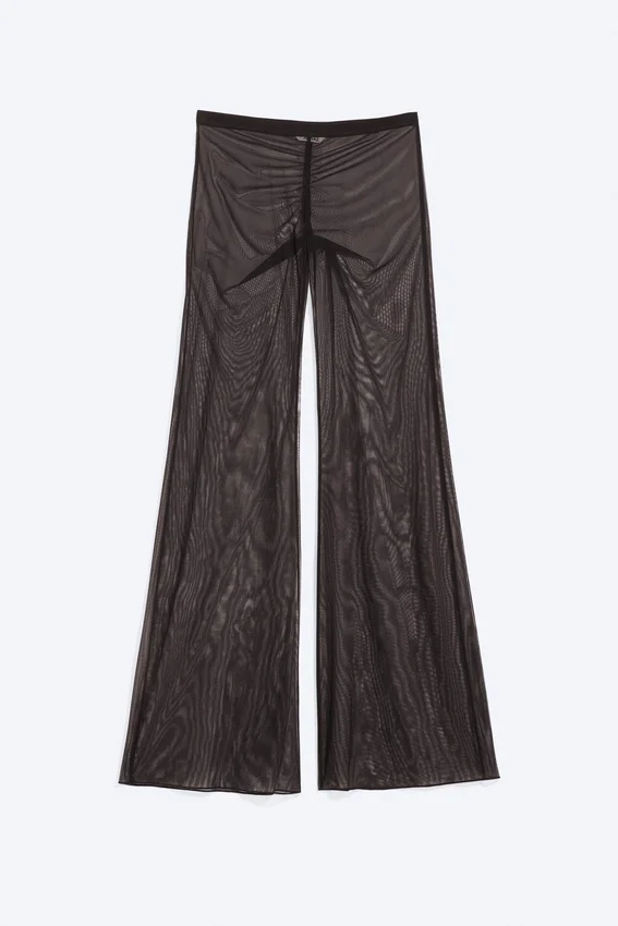 Pantalones acampanados de malla estampada – Marrón oscuro Pantalones acampanados de malla estampada – Marrón oscuro