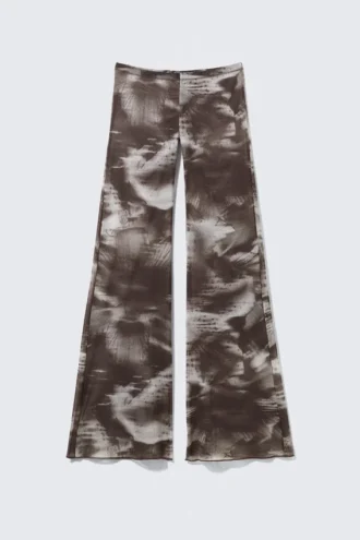 Pantalones acampanados de malla estampada – Marrón oscuro – Estampado floral difuminado