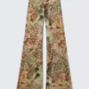 Pantalones acampanados de malla estampada – Marrón y verde – Lunares florales