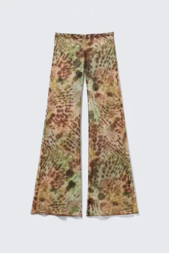 Pantalones acampanados de malla estampada – Marrón y verde – Lunares florales