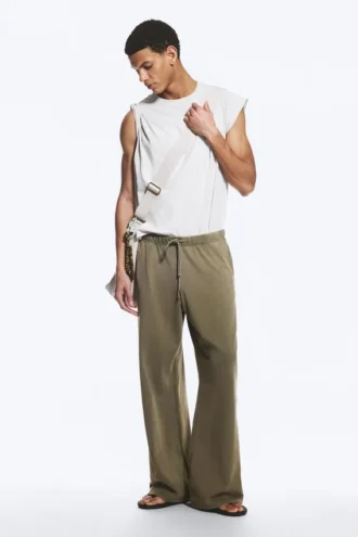 Pantalones anchos de algodón para estar por casa – Verde caqui apagado