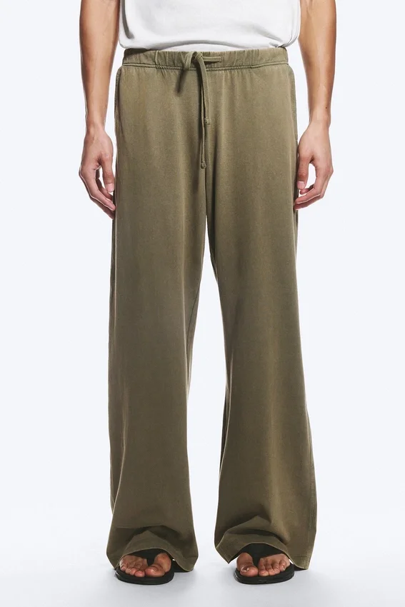 Pantalones anchos de algodón para estar por casa – Verde caqui apagado Pantalones anchos de algodón para estar por casa – Verde caqui apagado