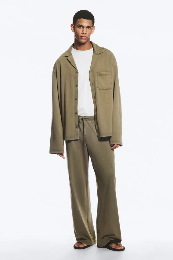Pantalones anchos de algodón para estar por casa – Verde caqui apagado Pantalones anchos de algodón para estar por casa – Verde caqui apagado