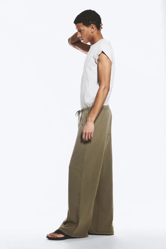 Pantalones anchos de algodón para estar por casa – Verde caqui apagado Pantalones anchos de algodón para estar por casa – Verde caqui apagado