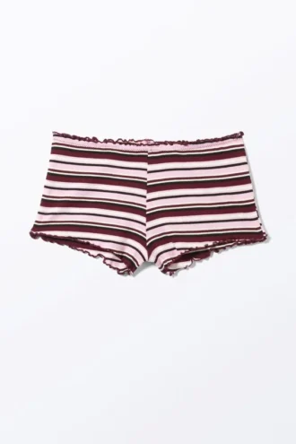 Pantalones cortos acanalados con volantes – Rayas rojo oscuro y rosa