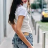 Pantalones cortos ajustados de vaquero de talle bajo – Azul fresco – Azul claro Pantalones cortos ajustados de vaquero de talle bajo – Azul fresco – Azul claro