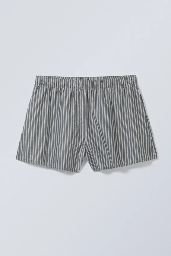 Pantalones cortos de algodón tipo bóxer holgados – Rayas gris oscuro Pantalones cortos de algodón tipo bóxer holgados – Rayas gris oscuro