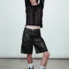Pantalones cortos de denim recubierto, holgados y de talle bajo – Negro Pantalones cortos de denim recubierto, holgados y de talle bajo – Negro