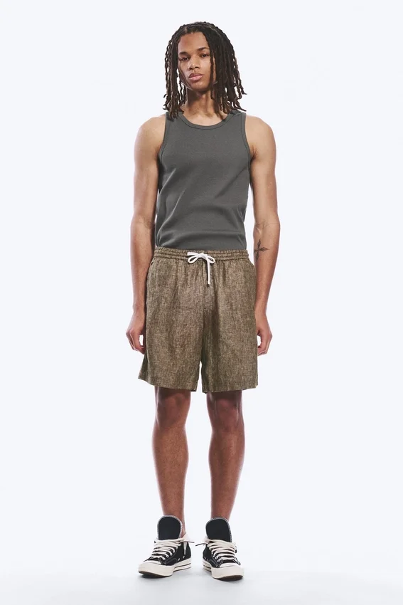 Pantalones cortos de lino de corte holgado con cordón – Marrón oscuro jaspeado Pantalones cortos de lino de corte holgado con cordón – Marrón oscuro jaspeado