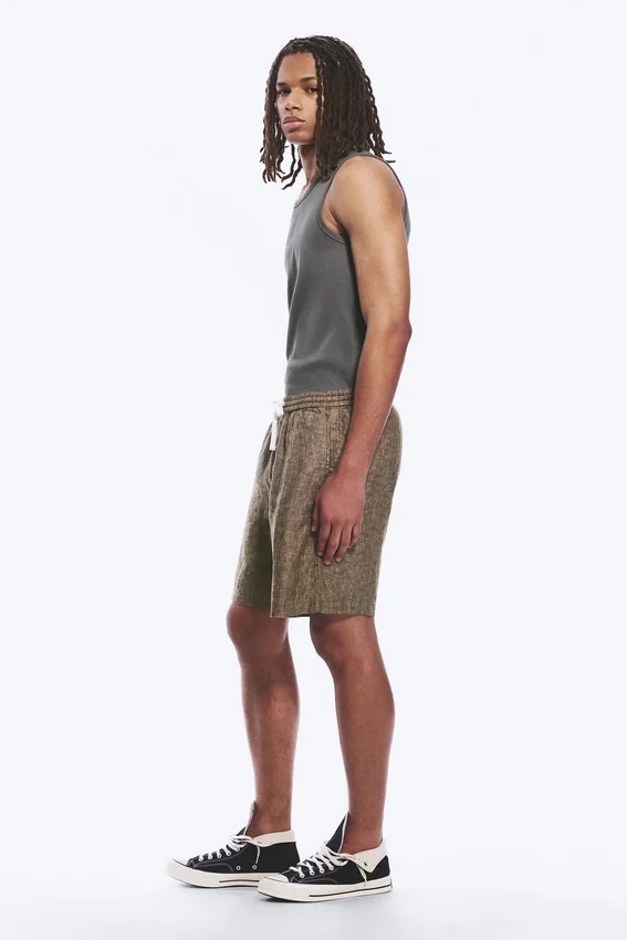 Pantalones cortos de lino de corte holgado con cordón – Marrón oscuro jaspeado Pantalones cortos de lino de corte holgado con cordón – Marrón oscuro jaspeado